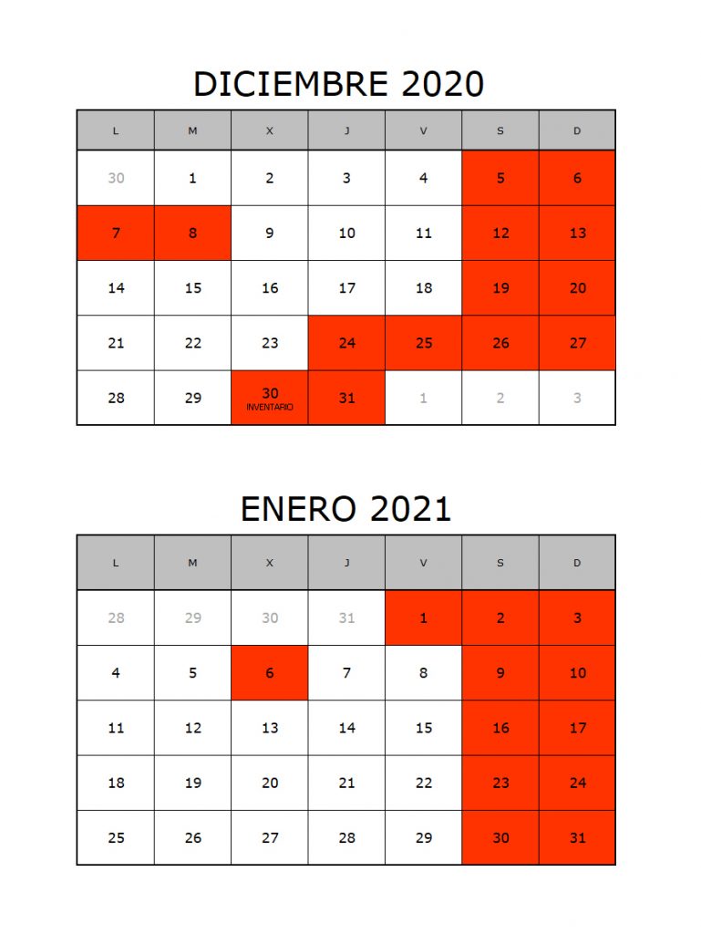 calendario diciembre 2020 enero 2021